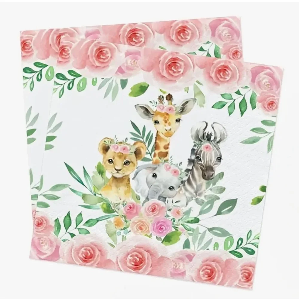 Set of Two (2) INDIVIDUAL Floral Pink Safari Jungle Animals Decoupage Napkins